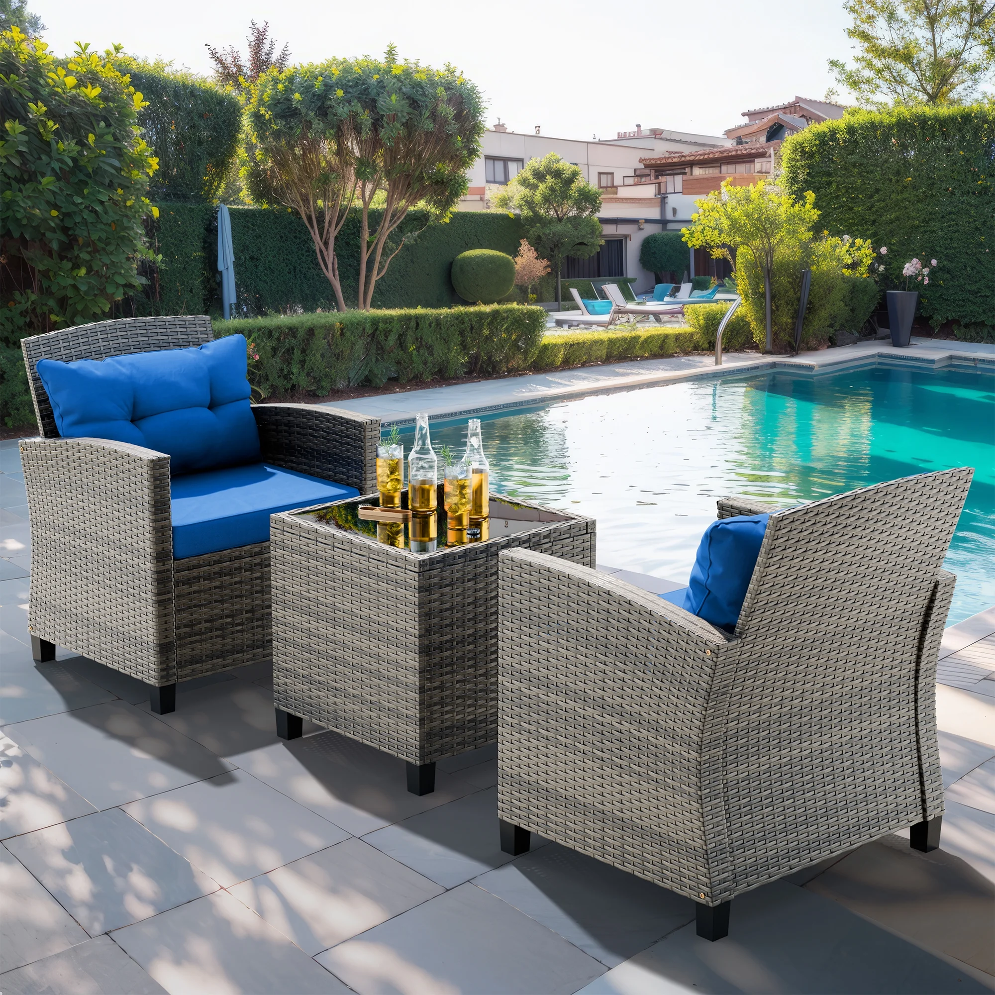 Walsunny 3 Pieces Patio Furniture Set Outdoor Wicker Conversation Bistro Set Outdoor Patio Chairs with Tempered Glass Table Beige