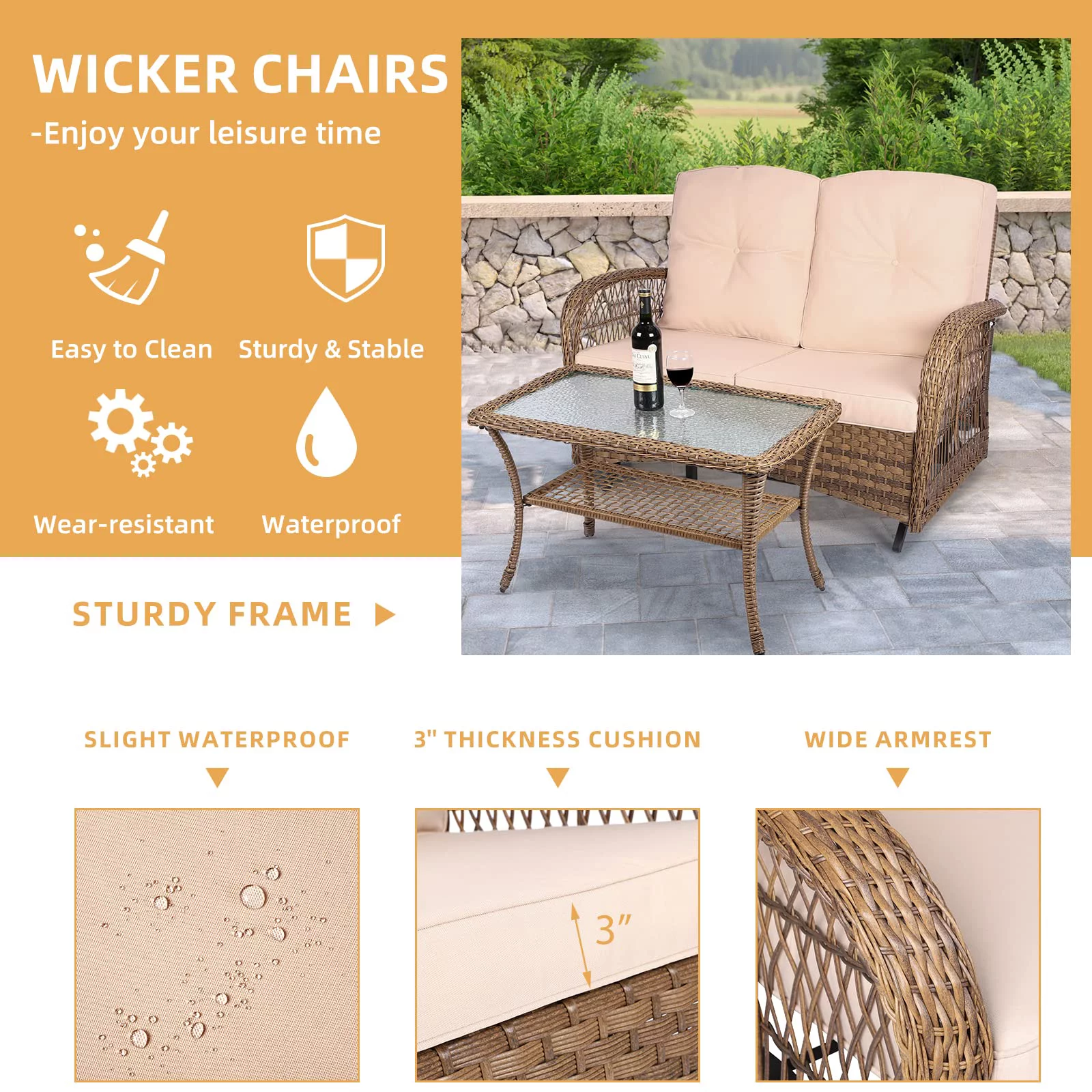 W WARMHOL 5 Pieces Outdoor Furniture All Weather Wicker Patio Conversation Cushioned Sofa Set with Glider Loveseat/2 Swivel Rocking Chairs/2 Matching Glass Coffee Table for Garden, Poolside, Backyard
