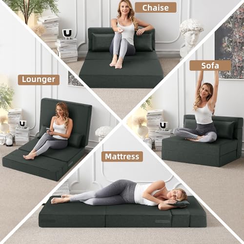 Convertible Folding Sofa Bed-Sleeper Chair with Pillow, Modern Linen Fabric Floor & Futon Couch, Foldable Mattress for Living Room/Dorm/Guest Use/Home Office/Apartment, Full Size,Dark Green