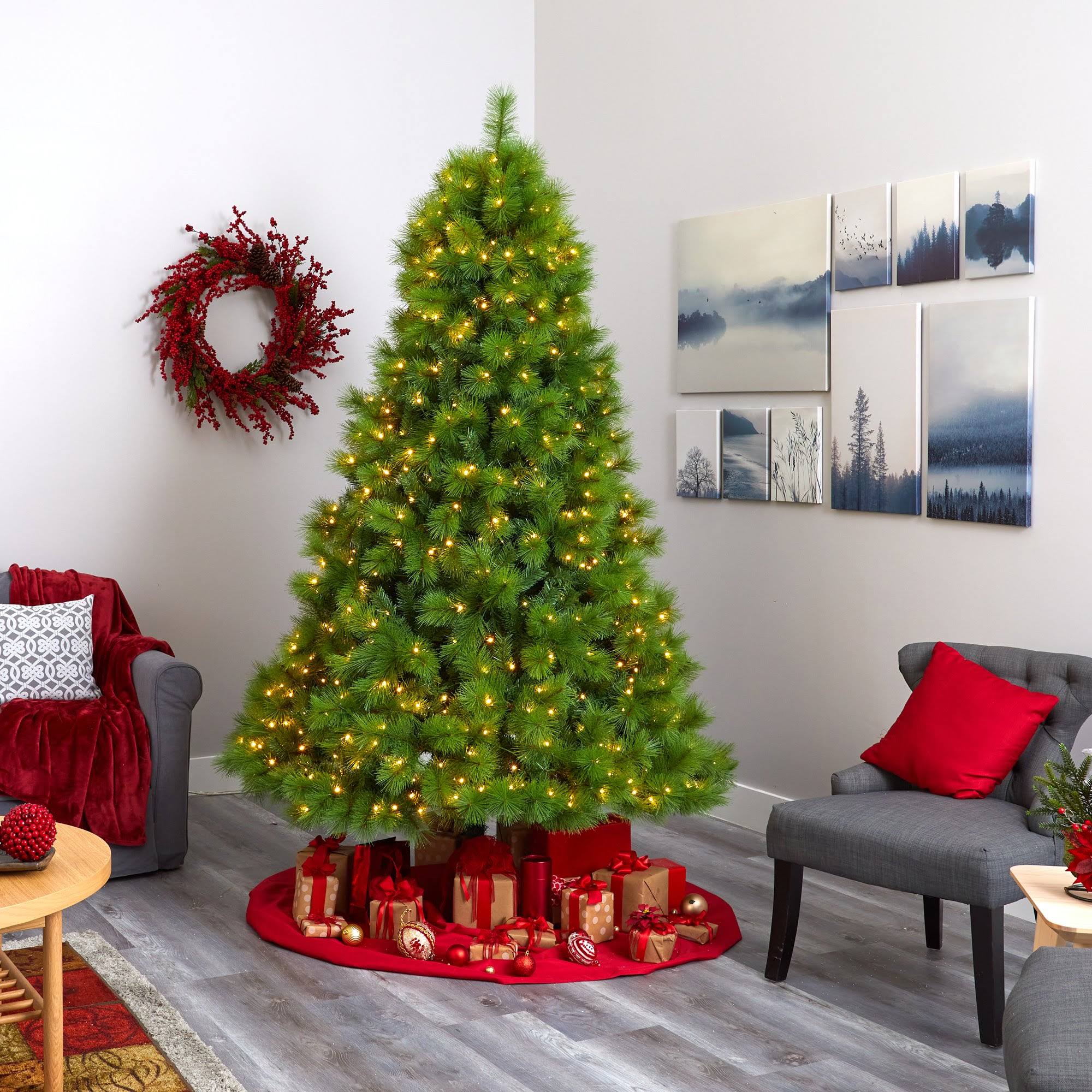 Nearly Natural Scotch Pine Artificial Christmas Tree with 600 Clear LED Lights - Green