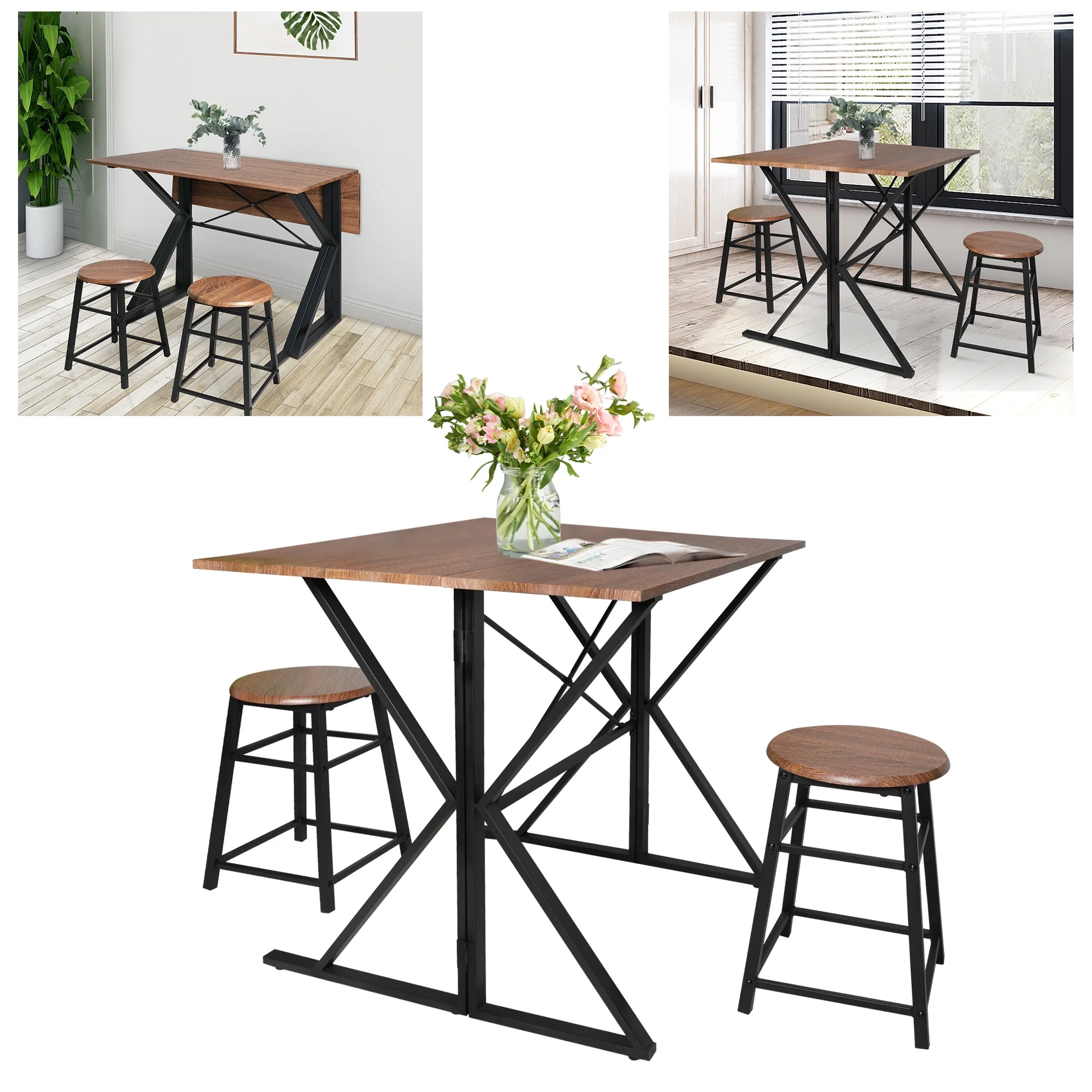 Folding Dining Table Set for 2 Chairs, Mid-Century Bar Table with Small Spaces Compact Design Farmhouse Classic Modern Rustic Style