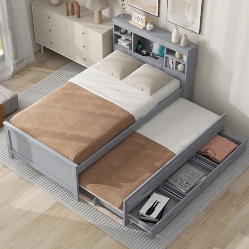Full Size Bookcase Bed with Charging Station, Wood Captain Bed with Trundle and Storage Drawers, Full Platform Beds with Storage Headboard for Kids Boys Girls, Noise Free, No Box Spring Needed, Gray