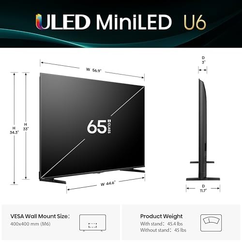 Hisense 55" Class U6 Series Mini-LED 4K UHD Smart Fire TV (55U65QF, 2025 Model) - QLED, Native 144Hz, HDR10+, Dolby Vision IQ, Dolby Atmos, Game Mode Pro, ALLM, Alexa Built in, Black