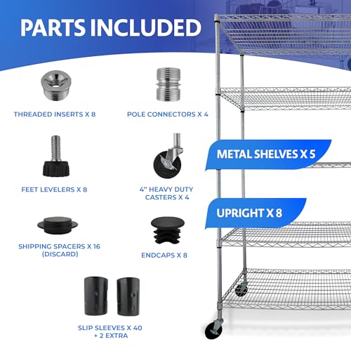4000 LBS Heavy Duty Wire Rack 48 x 24 x 76, 5-Tier NSF Commercial Rolling Rack with Wheels, Chrome Metal Shelving Unit for Garage, Kitchen, Warehouse, Adjustable Storage Shelf, Crescent