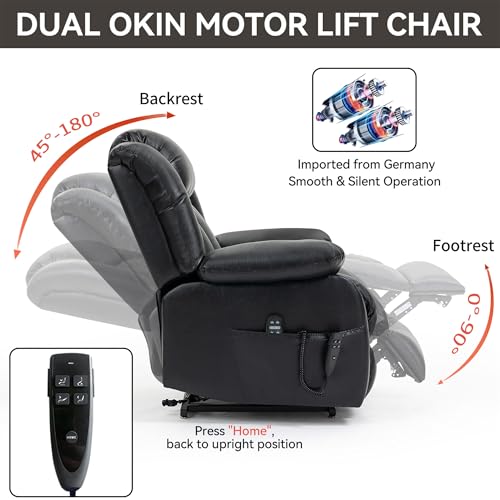 Dual Motor Infinite Position Electric Power Lift Recliner Chair with 8-Point Vibration Massage, Lumbar Heating, and Genuine Leather Upholstery - Supports Up to 350 LBS, Ideal for Elderly (Black)