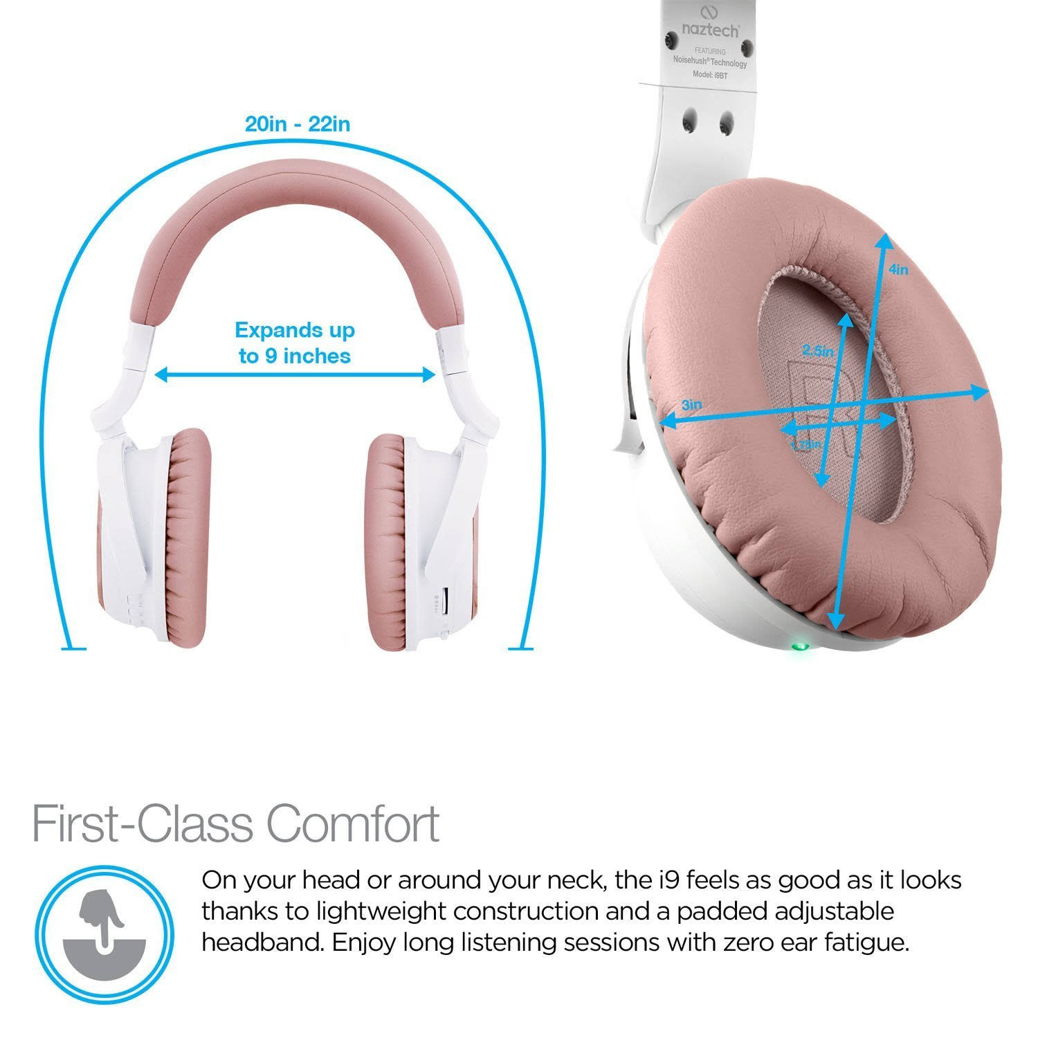 Naztech i9BT Over-Ear Active Noise Cancelling Wireless Headphones, aptX Bluetooth 4.1 Technology for