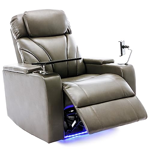 Recliner Sofa Swivel PU Leather Power Recliner Individual Seat Home Theater Recliner with Tray Table, Phone Holder, Cup Holder, USB Port, Hidden Arm Storage for Living Room (Grey)