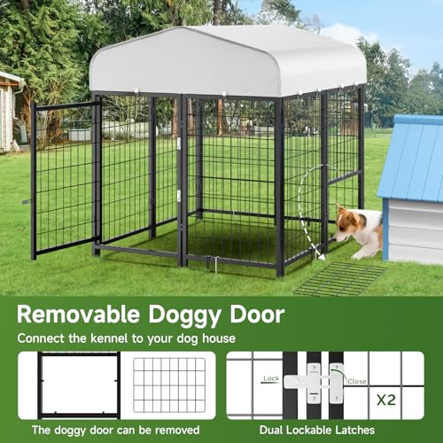 SINO LUBAN Outdoor Dog Kennel Outside Run with Doggy Door, Swivel Feeder&Roof - 8x4x6 Large Dog Kennels Pens Outside for Large Dogs Breed-Heavy Duty Cage Enclosure Yard (Can Connect to Your Dog House)