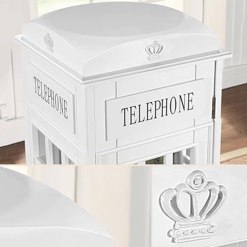 Telephone Booth 5-Tier Wooden Bookcase Freestanding CD Storage Cabinet Living Room Display Bookshelf with Front Door, 44.5" H x 14.4" W x 14.4" D (Off White)