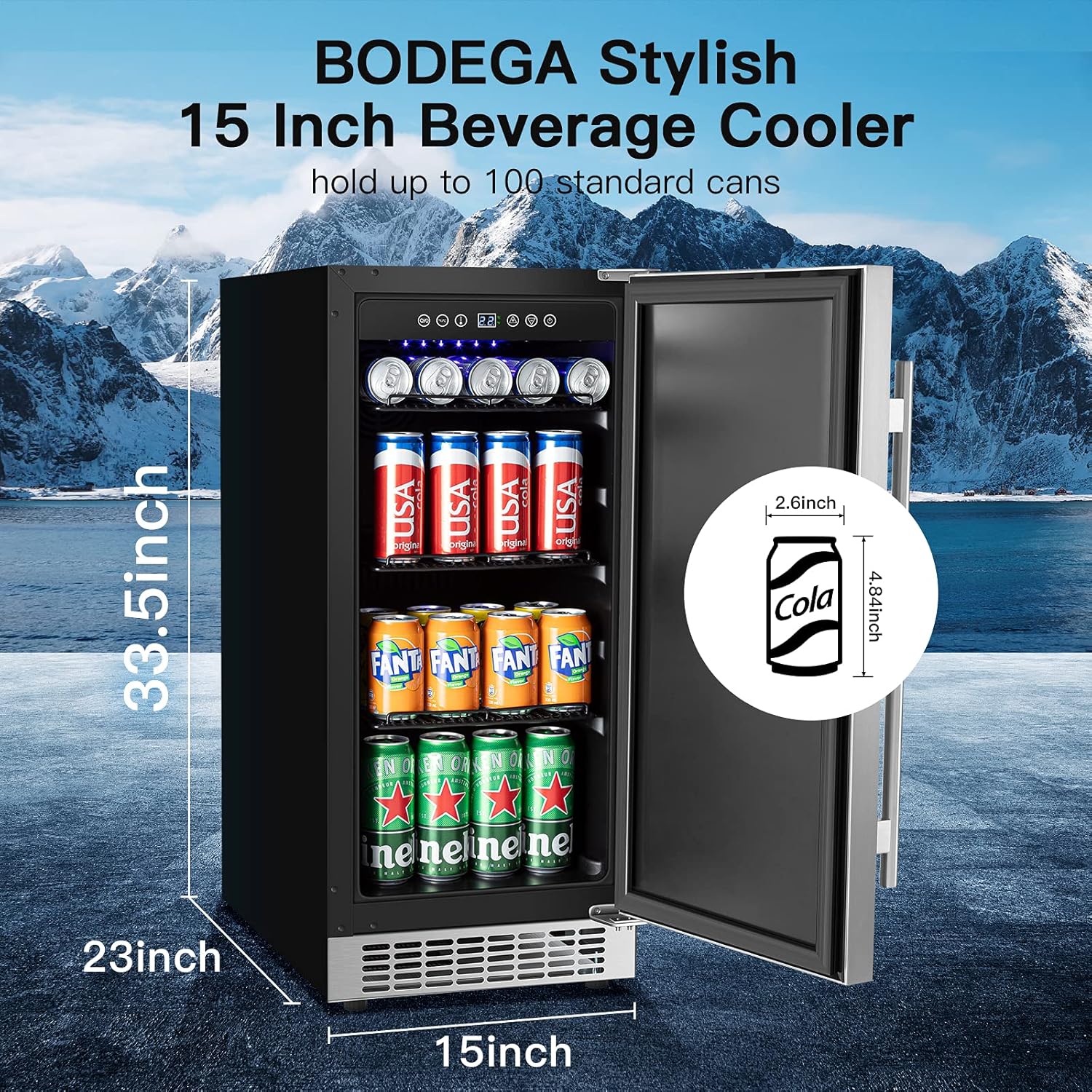 BODEGA Beverage Cooler 24 Inch, Built-in and Freestanding Beverage Refrigerator 180 Cans, Stainless Steel Under Counter Beverage Fridge with Advanced Cooling System, Adjustable Shelf, Energy Saving, Perfect for Soda, Water, Beer, etc.