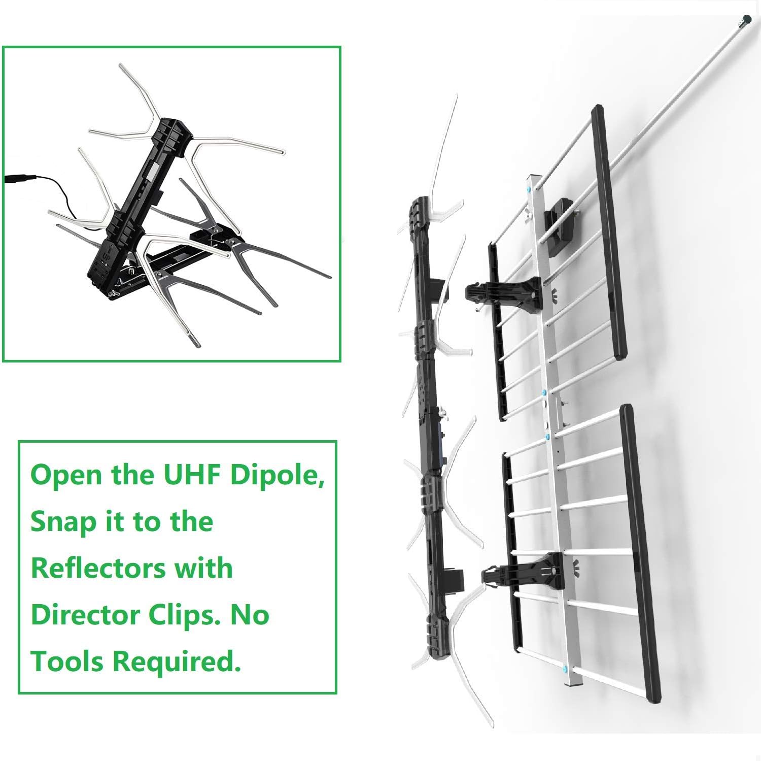 AirDiff HDTV Digital Outdoor Antenna Amplified 150 Miles Long Range - UHF/VHF Signals/Hardware Mounting Pole/ 40 Feet RG6 Coaxial Cable/Easy Install