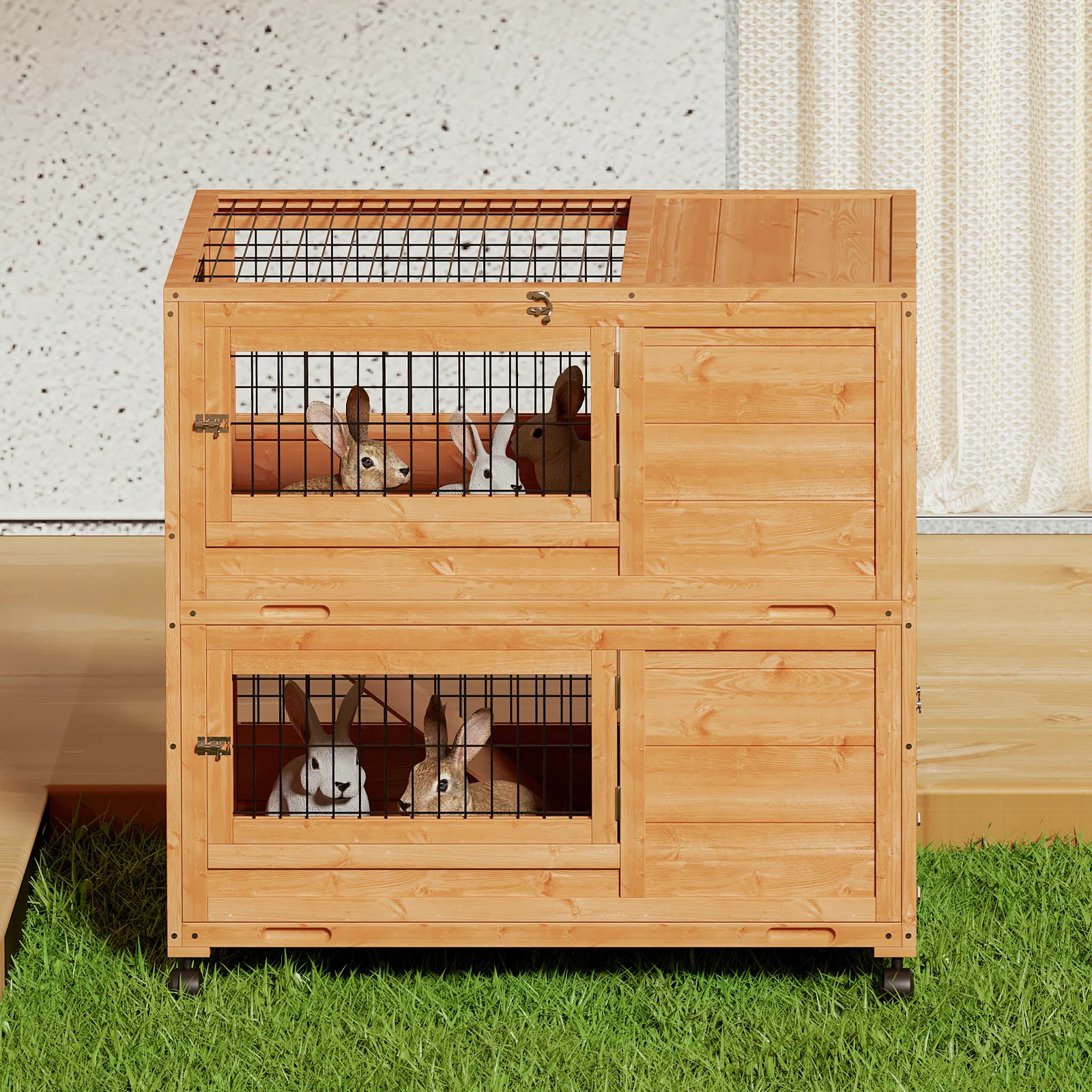 MoNiBloom 35.5" Wooden Rabbit Hutch w/2 Slide-Out Trays, Anti-Slip Ramp Bunny Cage w/4 Wheels, Natural - Curated Treasures Market
