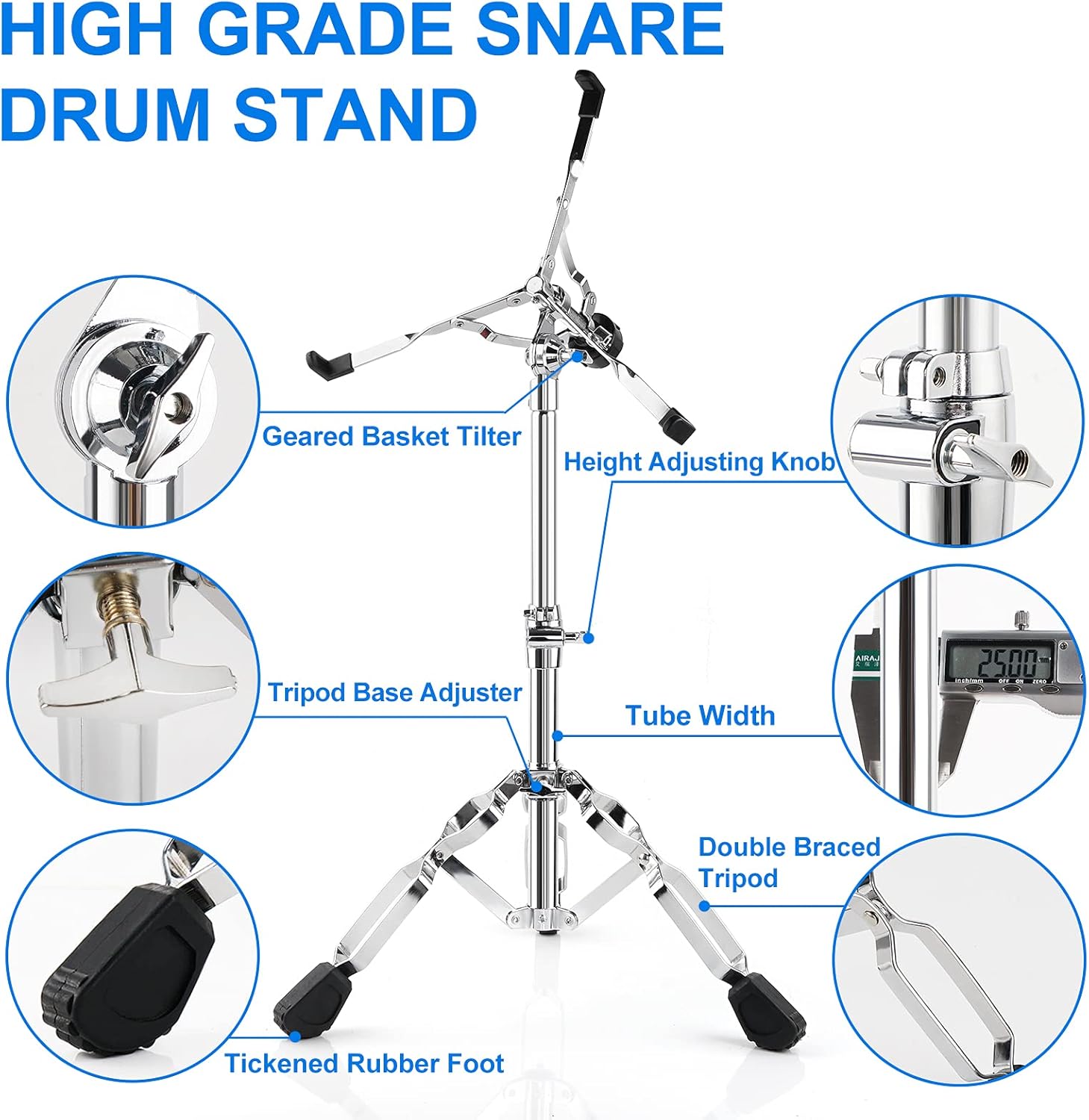 Vangoa Snare Drum Stand Lightweight Double Braced Adjustable Height with Carrying Bag Fit 10 to 15 Dia Drums