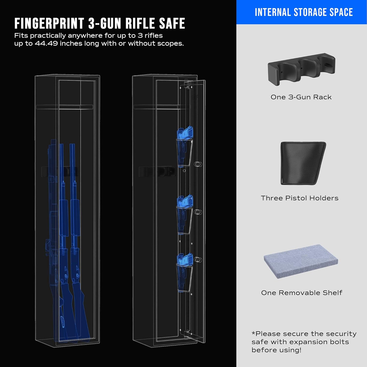 RPNB Large Biometric Rifle Safe, 3-Gun Electronic Gun Security Cabinet, Quick-Access Fingerprint Long Metal Rifle Gun Security Cabinet with Removable Shelf, Door Organizer