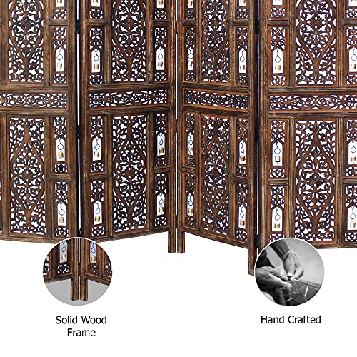 Room Divider Wood Screen - Ghanti Bells Antique Brown - 4 Panel Folding 72 x 80 - Assembled Hand Carved Decorative Functional Versatile Portable Partition Reversible Privacy Boho - COTTON CRAFT