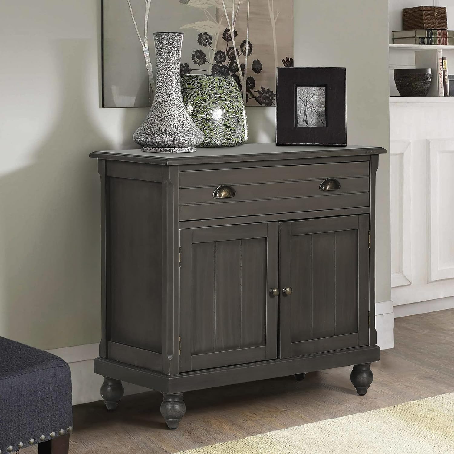 MAISON ARTS White Accent Storage Cabinet with 2 Doors for Living Room Bedroom Buffet & Sideboard Decorative Distressed Cabinet Farmhouse Kitchen China Cabinet with Carved Pattern Doors, Carved Floral