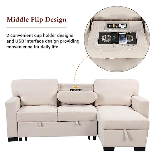 85.2" Upholstery Sleeper Sectional Couch Futon Sofa Bed with Storage Chaise for Living Room Convertible Pull Out Couch USB port 2 Cup Holders Small Lounge Space Beige