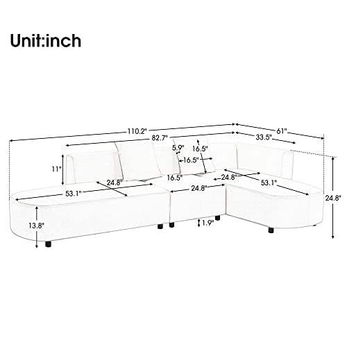 110.20" L Shape Curved Sofa with Extra Chaise Lounge, Modern Chenille Upholstery Deep Seat Sectional Couch, Minimalist Style Comfy Sofa&Couch with Pillows for Living Room Furniture Sets