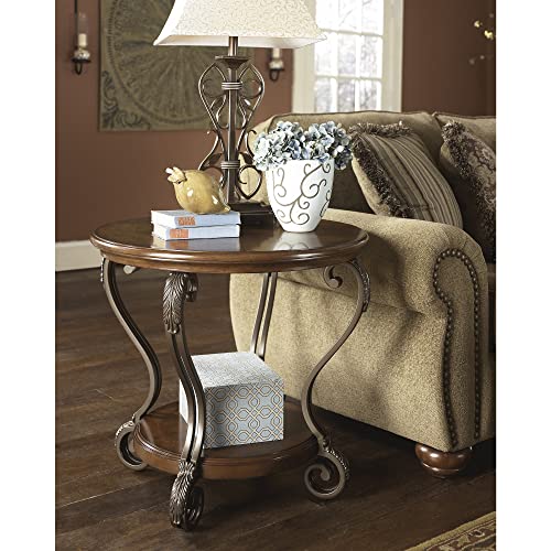 Signature Design by Ashley Nestor Traditional Oval Coffee Table with Beveled Glass Top, Scrollwork Underlay and 1 Fixed Shelf, Dark Brown