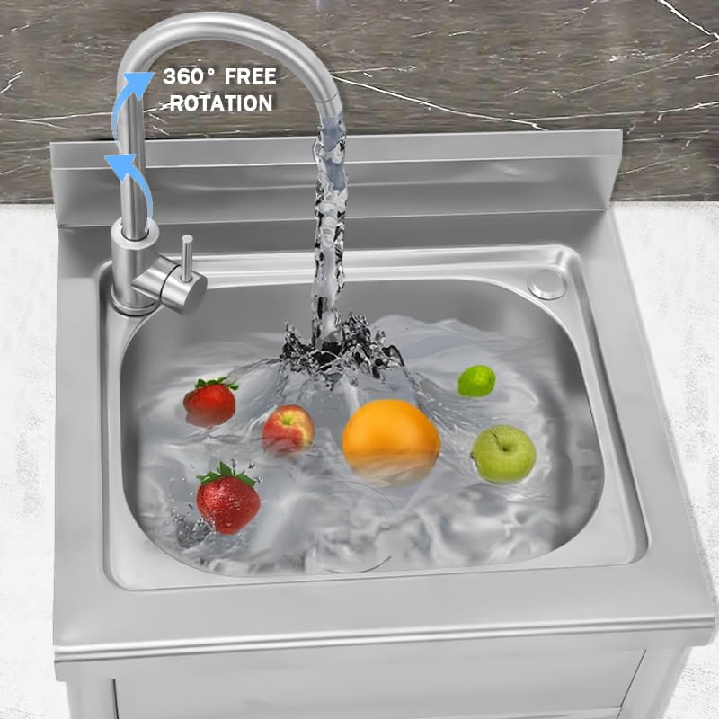Stainless Steel Utility Sink - Single Bowl, Free Standing, Indoor/Outdoor, 21.7" with Cold & Hot Water Faucet