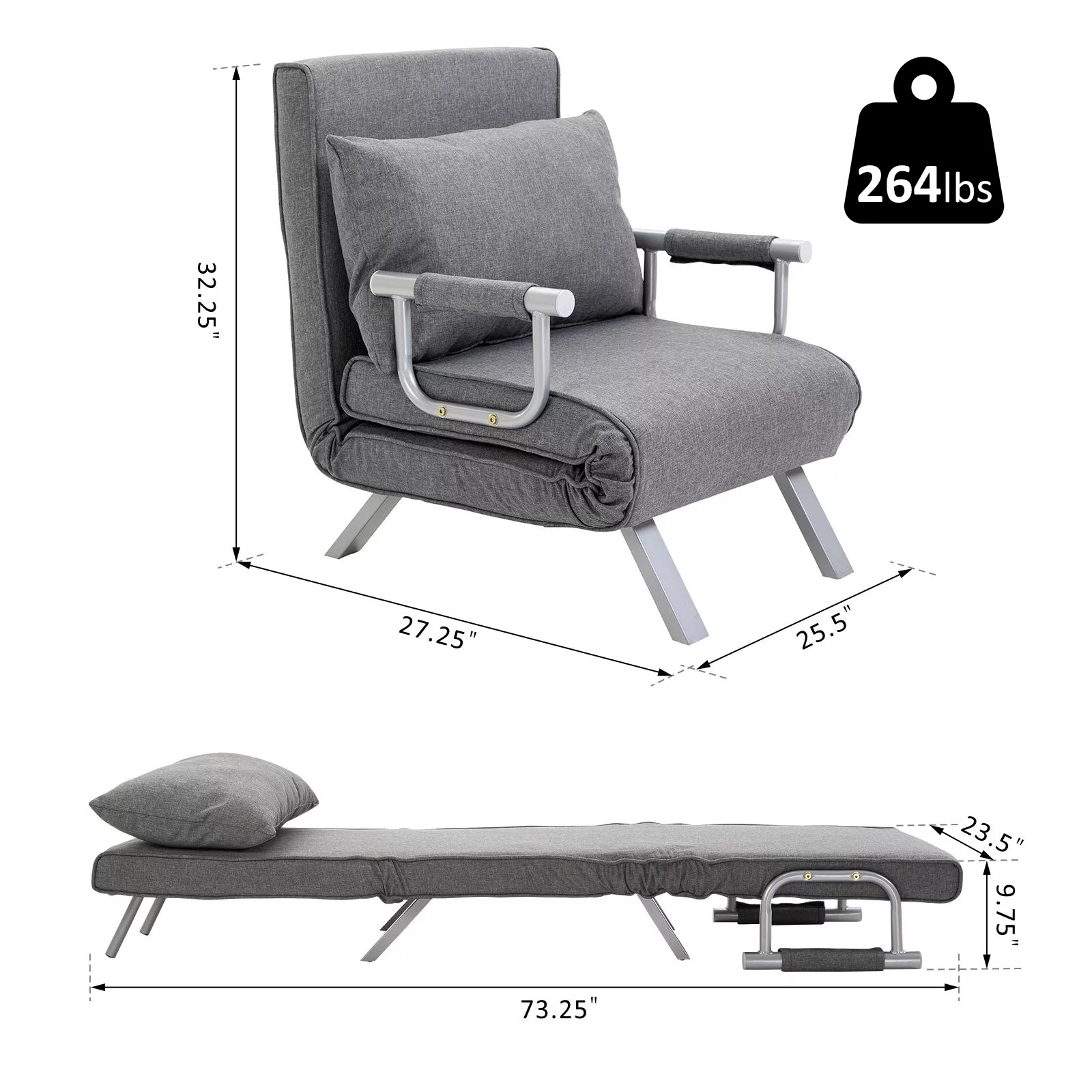 HOMCOM Single Person Folding 5 Position Convertible Sofa Bed Linen Sleeper Chair, Light Grey