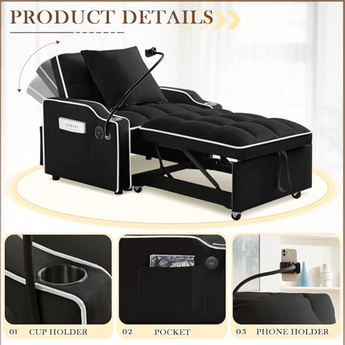Convertible Sleeper Sofa Bed, 3 in 1 Velvet Pull Out Loveseat Couch Modern Comfy Futon Sofa with Adjustable Backrest & Phone Holder & USB Charging Space Saving for Living Room, Small Apartment, Grey