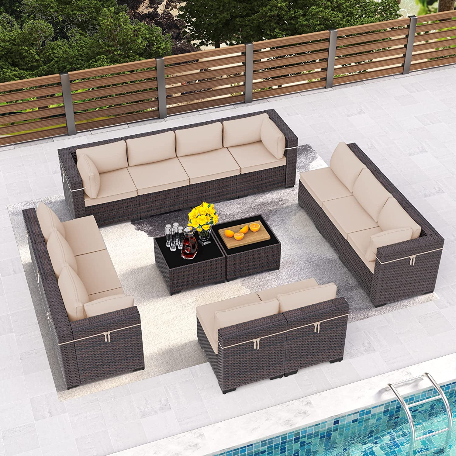 Popular Outdoor Patio Furniture Set  14 Pieces Outdoor Furniture All Weather Patio Sectional Sofa PE Wicker Modular Conversation Sets with Coffee Table 12 Chairs &amp; Seat Clips(Sand)