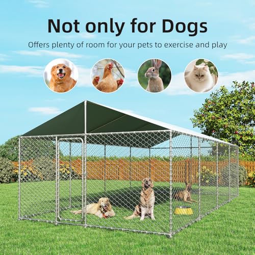 7.8x7.8 FT Extra Large Outdoor Dog Kennel Outside, Heavy Duty Dog Enclosure with Waterproof Cover and Security Lock, Galvanized Chain Link Dog Cage for Large Dogs