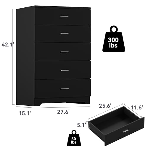 Dresser for Bedroom with Power Outlets Wood 5 Drawer Dresser with Large Storage Space Black Chest of Drawers with Smooth Metal Rail Tall Storage Organizer for Bedroom Living Room Closet