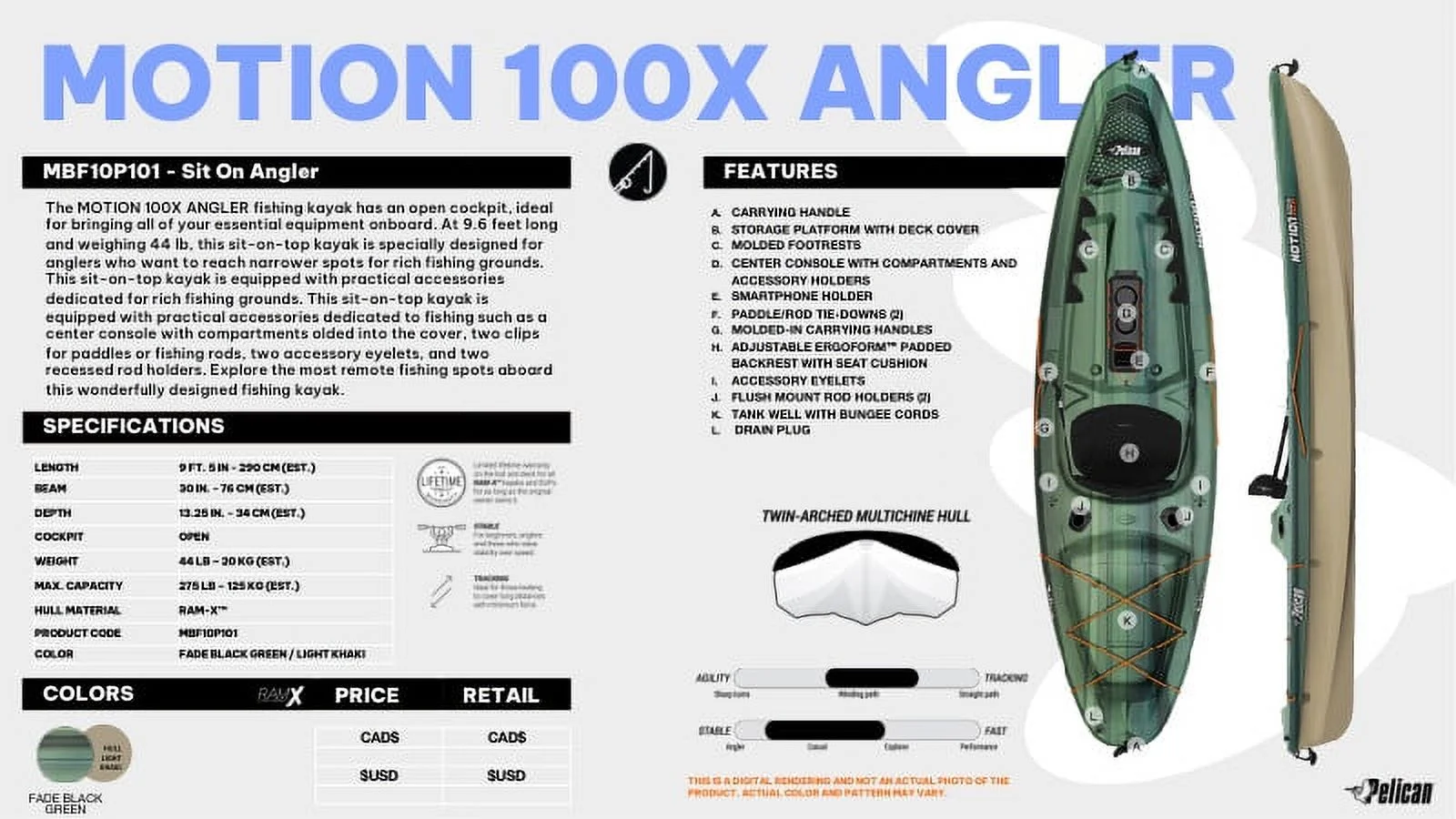 Pelican - Motion 100X - Sit-on-Top - Angler Fishing Kayak - 10 ft - Fade Black Green