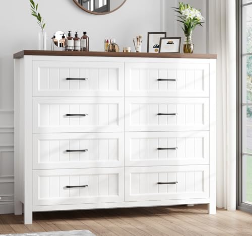 Elegant Farmhouse 8 Drawer Dresser for Bedroom - Large Wooden Double Dressers with Deep Drawers Dressers for Hallway, or Entryway - White & Brown