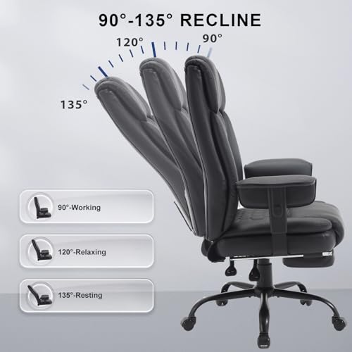 Big and Tall Office Chair 400LBS with Wide Seat High Back Ergonomic Executive Reclining Office Chair with Footrest Leather Computer Gaming Desk Swivel Chair with Wheels,Armrest, Lumbar Support,Beige