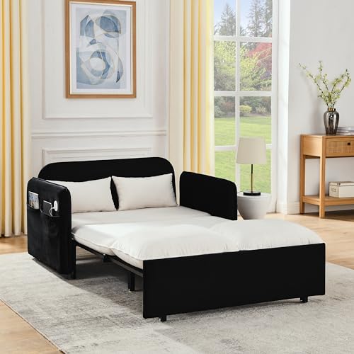 53" Convertible Sofa Bed-Velvet Pull Out Couch with Removable Armrests, 3 in 1 Loveseat Sleeper Sofa Bed, Queen Sleeper Sofa with USB Power Port, Sofa Cama Moderno with Side Pockets