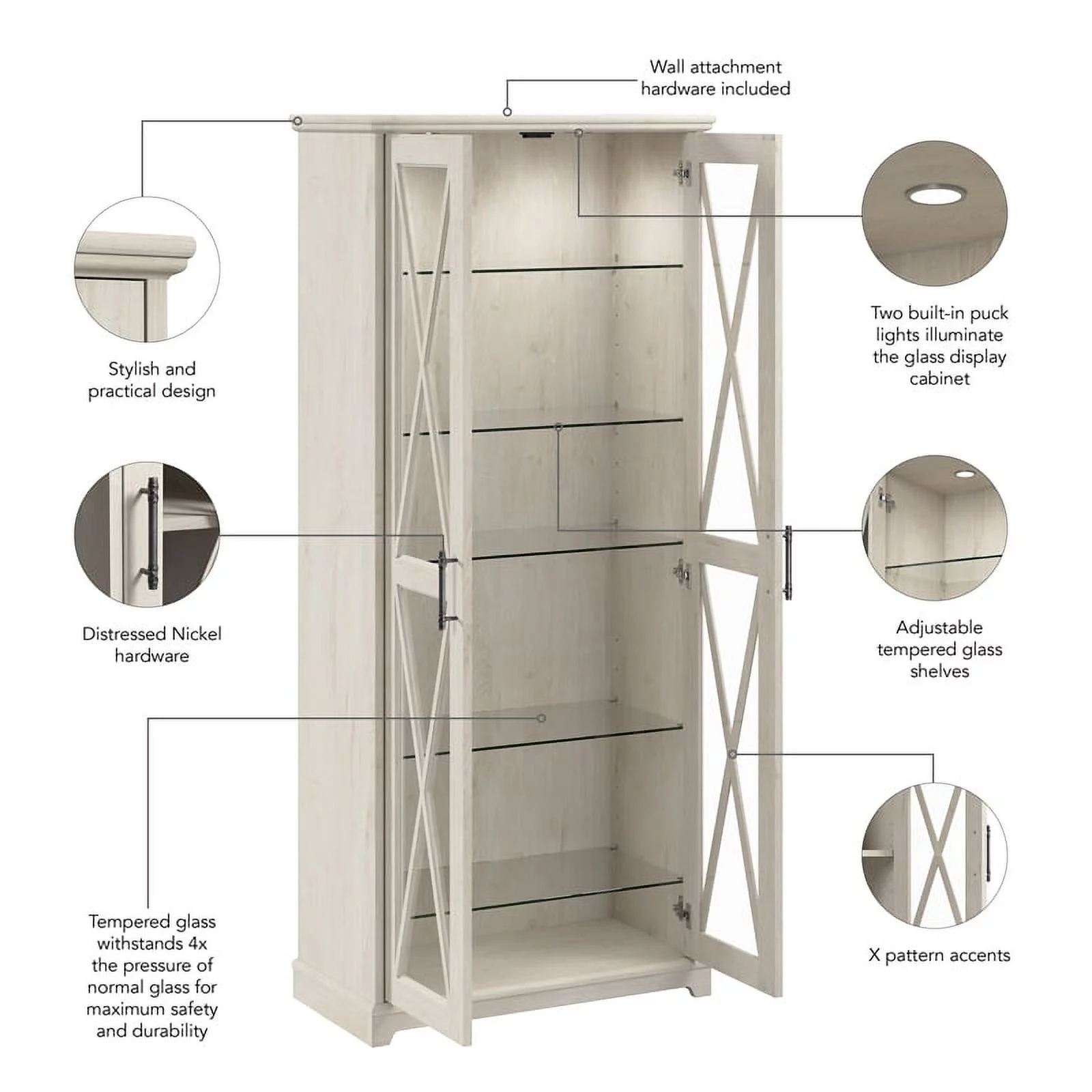 Bowery Hill Engineered Wood Curio Cabinet with Glass Doors in Linen White Oak