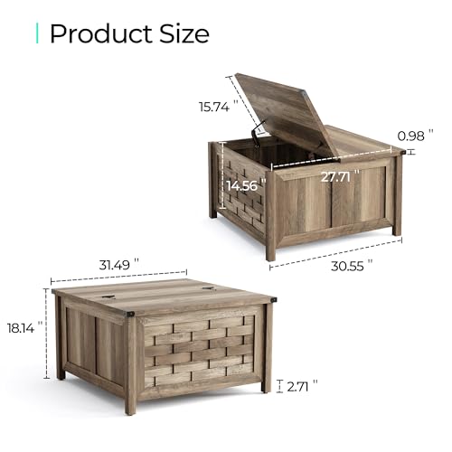LINSY HOME Farmhouse Coffee Table, 31.5" Square Center Table with Large Hidden Storage, Rustic Cocktail Table with Hinged Lift Top for Living Room, Light Brown