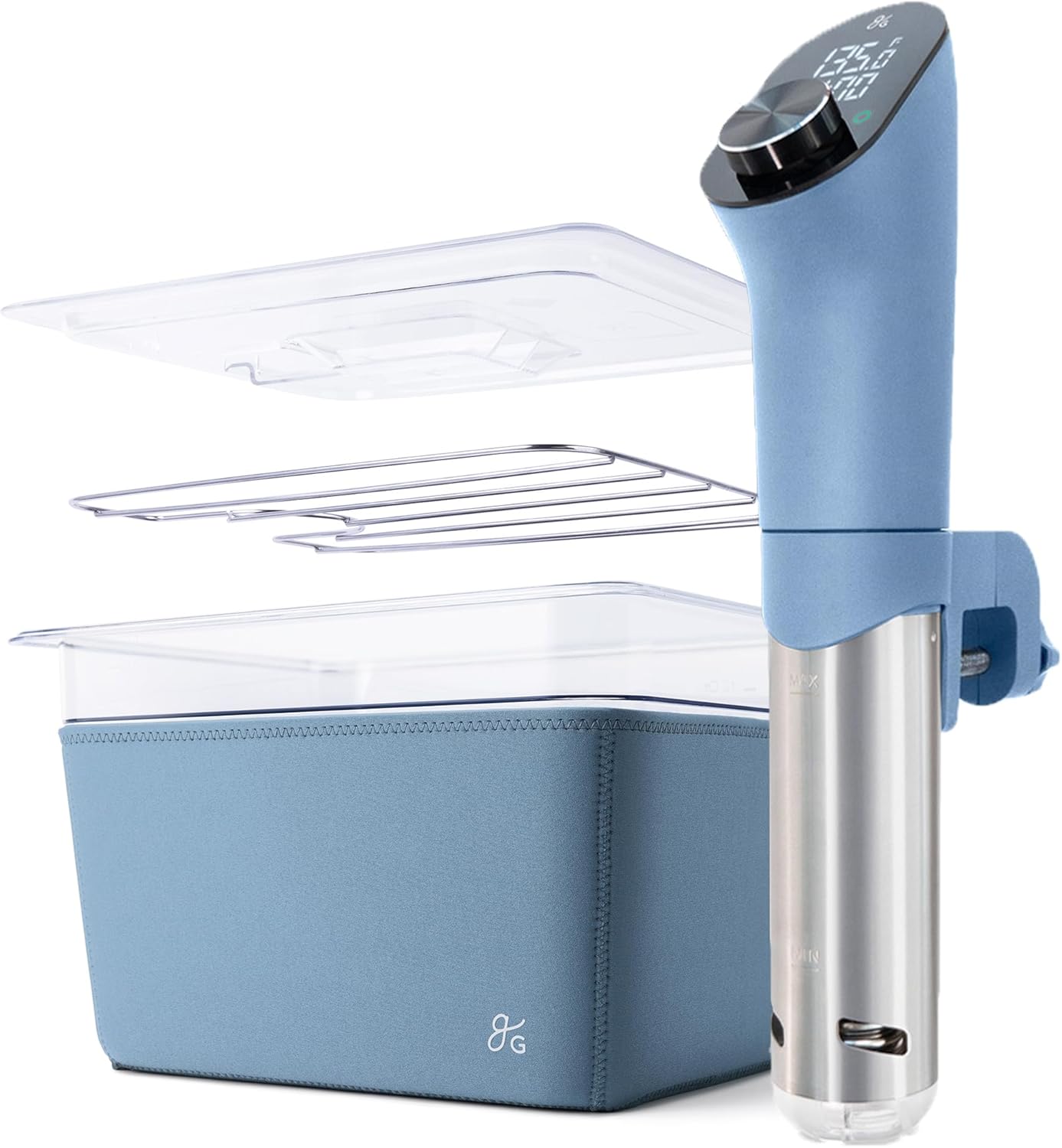 Greater Goods Pro Sous Vide Kit - An 1100 Watt, Powerful, Precise Sous Vide Cooker and Premium, Plastic Container with Sous Vide Rack, Lid, and Sleeve, Designed in St. Louis, (Stone Blue)