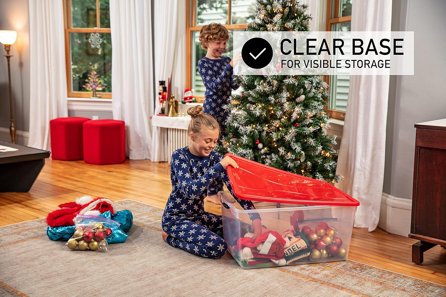 Rubbermaid Cleverstore Clear 71 QT Pack of 4 Holiday Storage Containers, Great for Holiday Decorations, Stackable, Large Capacity, Durable Latching Lids, Clear Bins, Red Lids/Green Handles