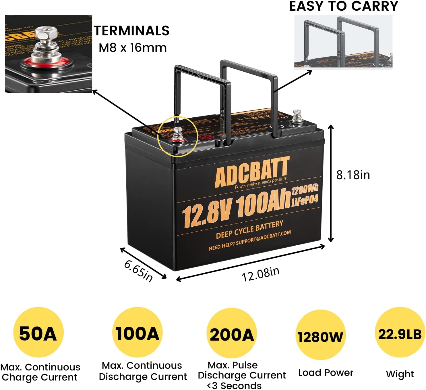 ADCBATT LiFePO4 Battery 100AH, 12V Lithium Battery, 3500-8000 Deep Cycle Battery, Built-in 100A BMS, Ideal for Replacing 200Ah AGM/SLA Battery, for Trolling Motor, RV, Marine Battery, Solar, Off-Grid