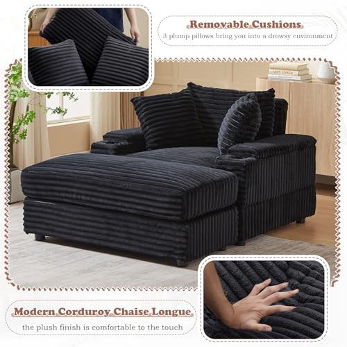 Modern Chaise Longue Indoor, 86.6" Oversized 3 Seater Lounge Sofa Chaise with Movable Ottoman/Storage Armrests/Cup Holders, Corduroy Deep Seat Sectional Cloud Sofa Couches for Living Room, Green