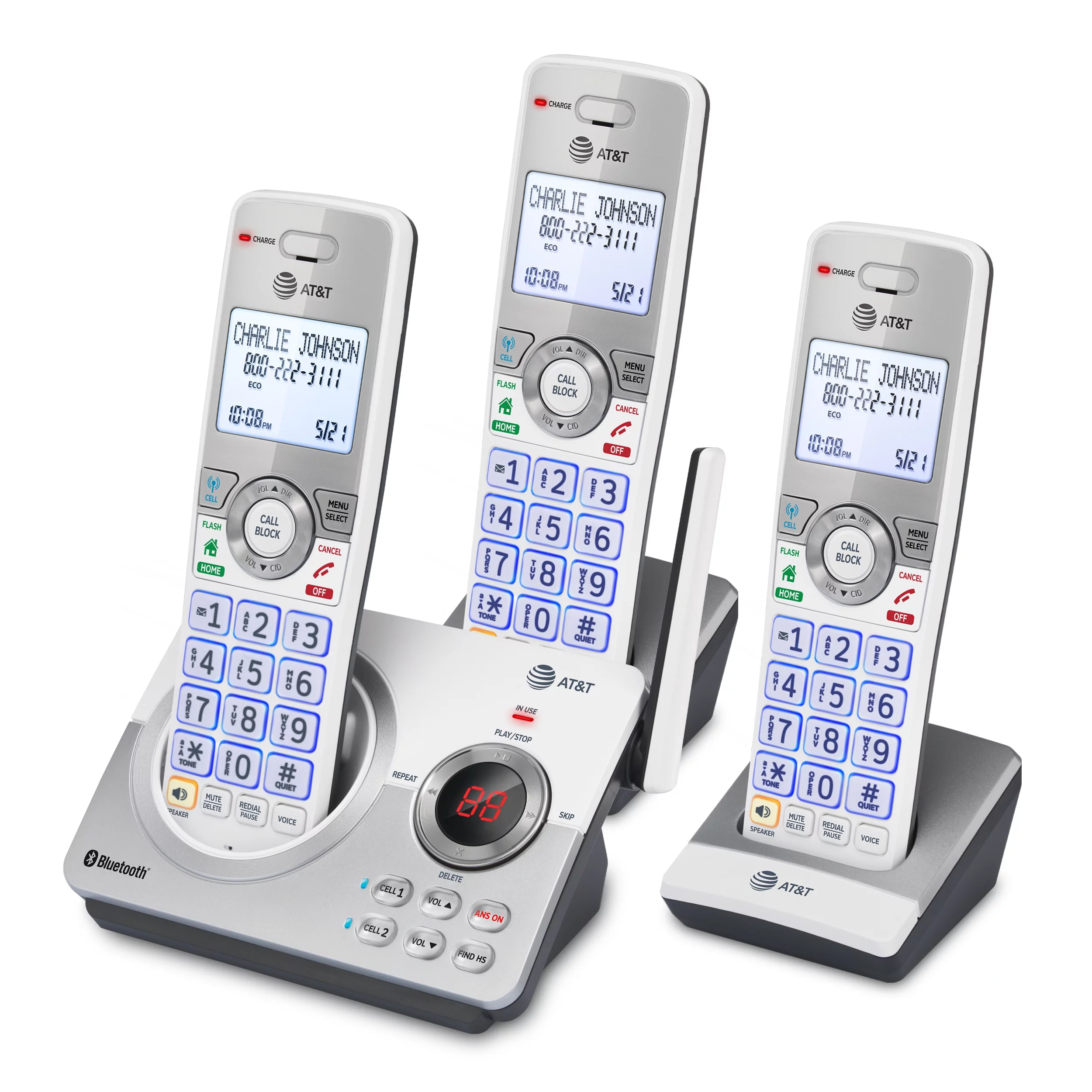 AT&T DL72310 3 Handset Expandable Cordless Phone with Unsurpassed Range, Bluetooth Connect to Cell, Smart Call Blocker and Answering System.  (White/Silver)