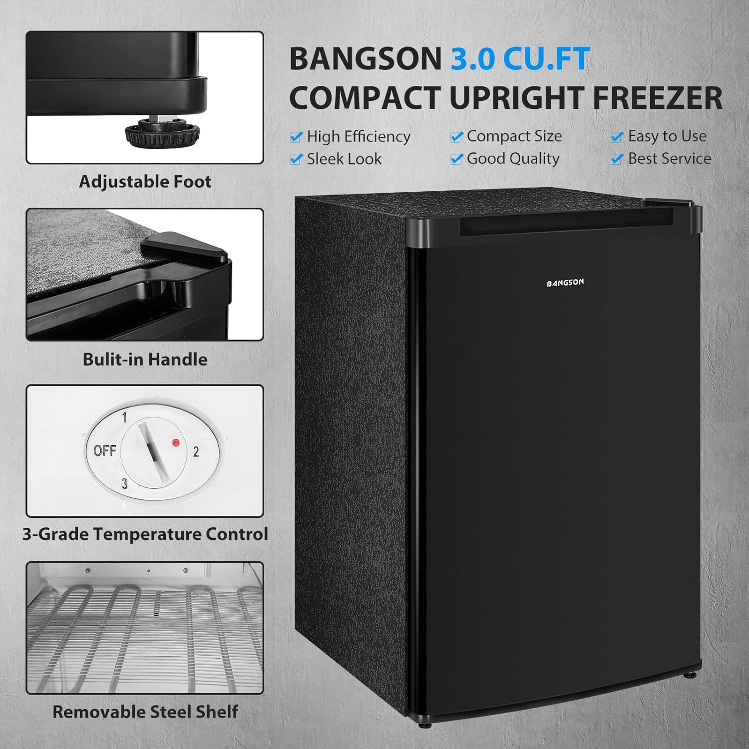 BANGSON Mini freezer, 1.1 Cu.ft Upright Freezer, Standing Meat Freezer, Single Reversible Door, Removable Shelves, For Garage/Home/Kitchen/Office, Black