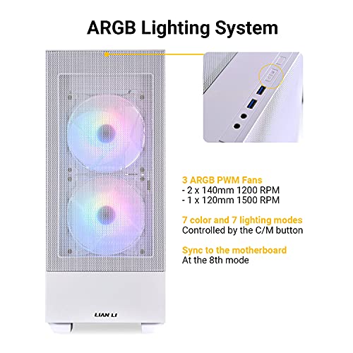 LIAN LI High Airflow Mid-Tower ATX PC Case with RGB Fans, Tempered Glass Side Panel, USB-C Port (LANCOOL 205 MESH C, White)