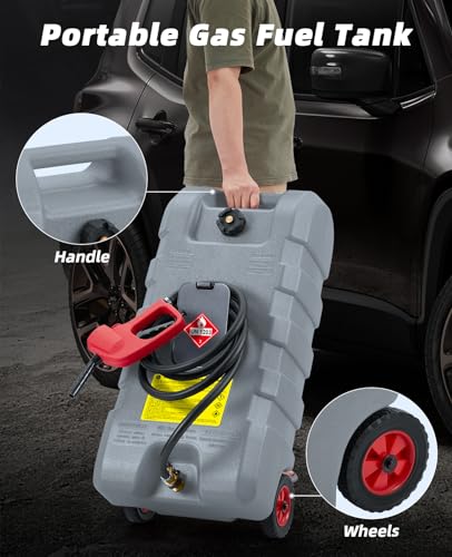 15 Gallon Fuel Caddy, Portable Gas Tank with Fluid Transfer Siphon Pump and 10-Foot Long Hose, Diesel Fuel Tank Gasoline Can with Manual Transfer Nozzle, 7.5 L/min, Grey