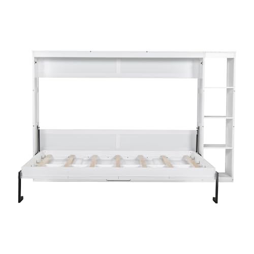 Full Size Horizontal Murphy Bed with Shelves, Full Murphy Bed with Side Bookcase, can be Folded into a Cabinet, Hideaway Wall Bed Space-Saving for Guest Room Bedroom Office, Natural