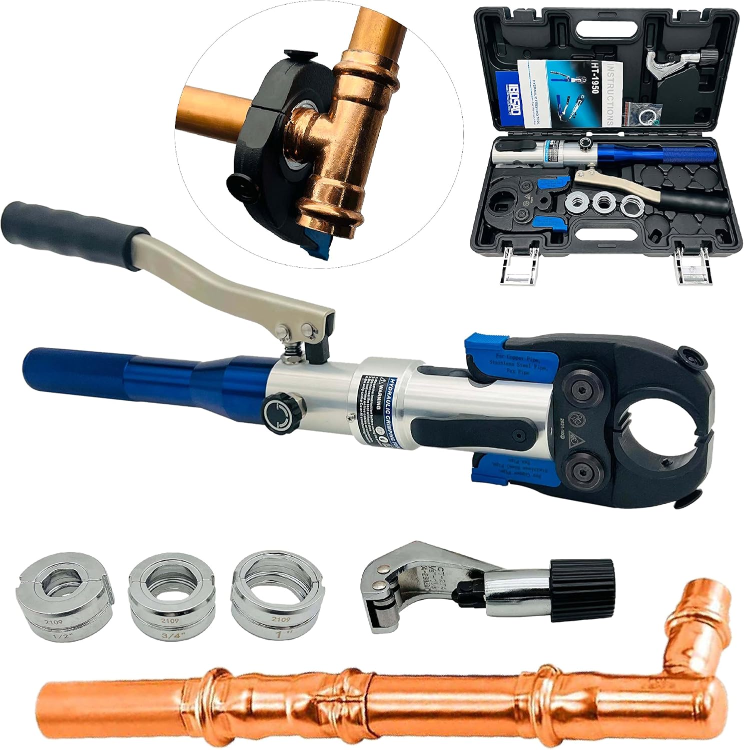 IBOSAD Copper Tube Fittings Hydraulic Pipe Crimping Tool with 1/2 inch,3/4 inch and 1 inch Jaw Copper Pipe Propress Crimpers Pressing Pliers,Suit for Narrow Space and Tee Fitting，Hydraulic drive
