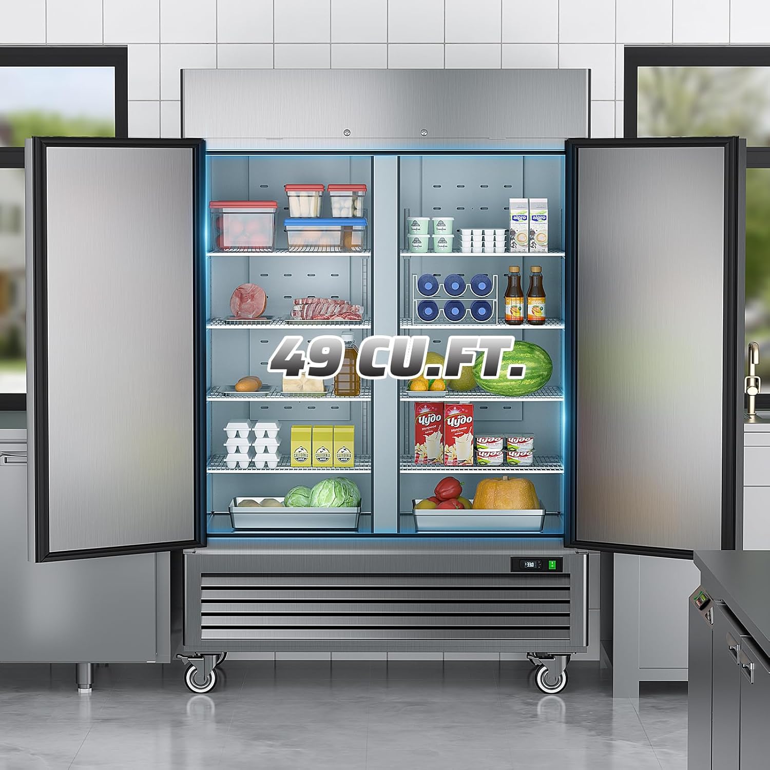54" Commercial Refrigerators 2 Door Stainless Steel Reach in Refrigerator, 49 Cu.Ft Air Cooler Bottom Mount Fridge with 8 Shelves for Restaurant Kitchen Cafe Garage, ETL NSF Approved
