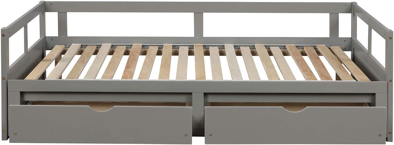 Wooden Daybed with Trundle Bed and Two Storage Drawers, Extending Bed Daybed for Kids Teens Adults, Wooden Daybed with Storage Drawers Twin to King Design, No Box Spring Required, Grey