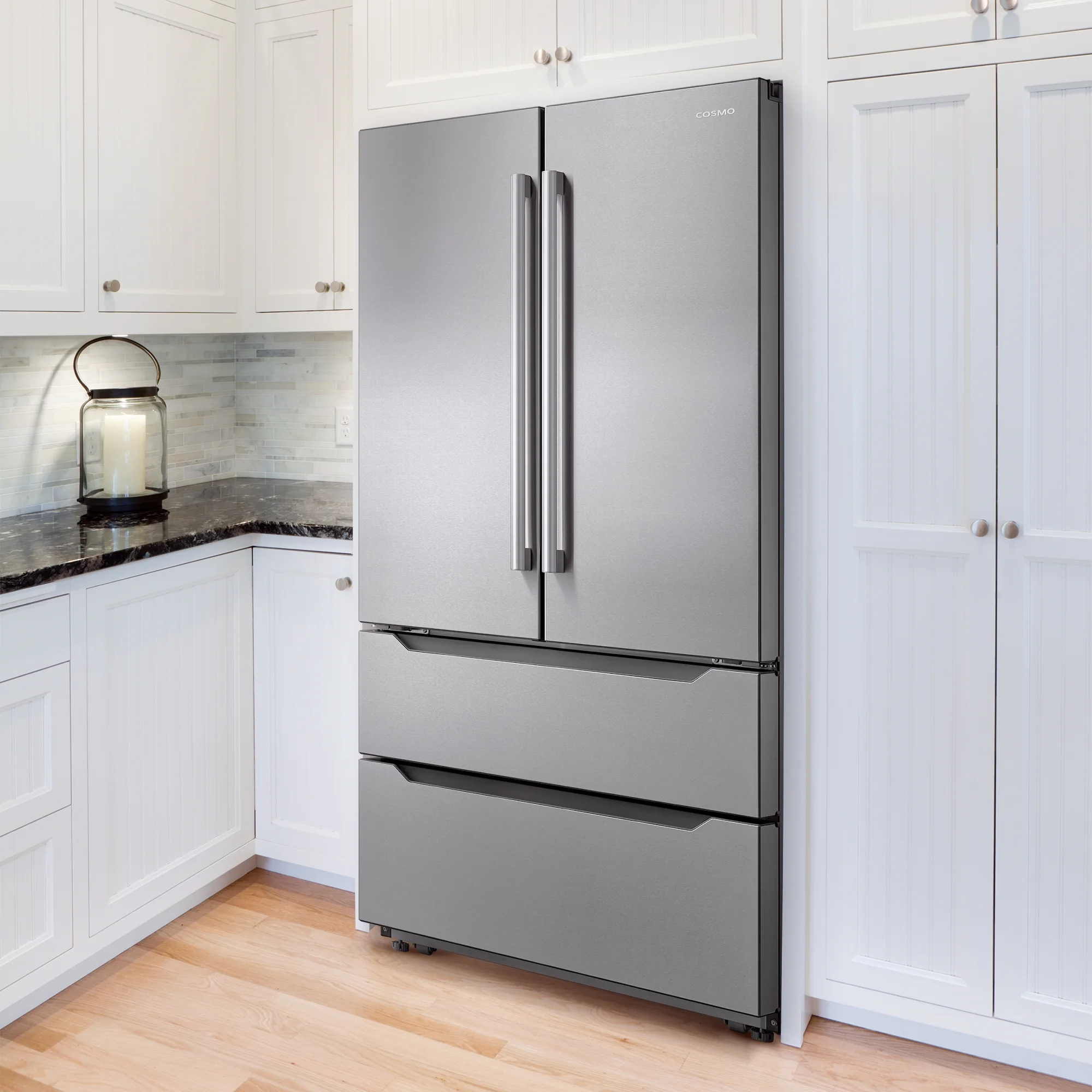 Cosmo 5 Piece Kitchen Appliance Package With 30" Electric Cooktop 30" Wall Mount Range Hood 24" Single Electric Wall Oven 30" Over-The-Range Microwave & French Door Refrigerator