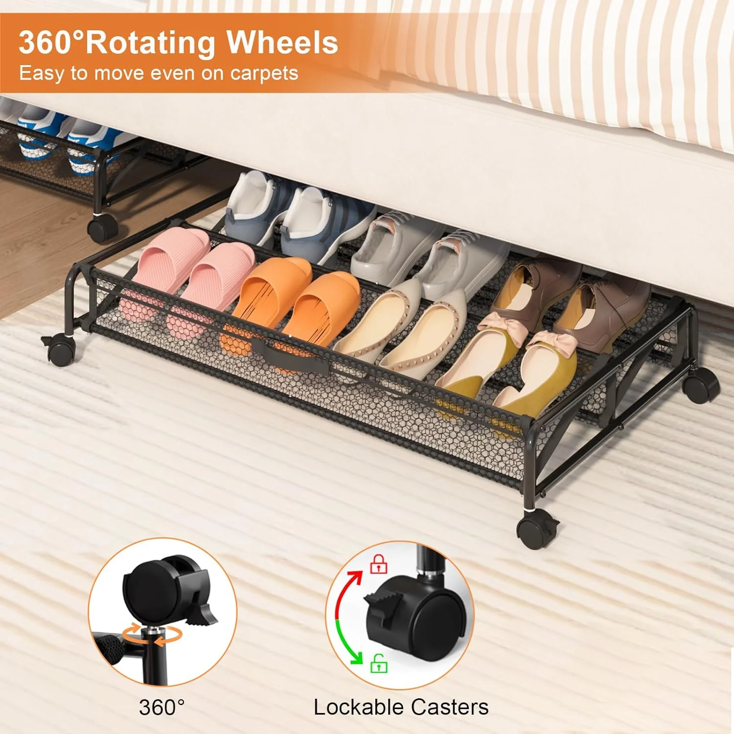 Under Bed Shoes Storage - 2 Pack Rolling Under-bed Storage Containers with Wheels, Breathable Mesh Fabric with Metal Frame
