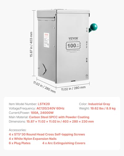 VEVOR 200A Generator Transfer Switch, 48000W Manual Transfer Switch, Heavy Duty Double-Throw Power 120/240V, Meeting NEMA 3R Standards, for Outdoor, Indoor, and Portable Generator ETL Certification